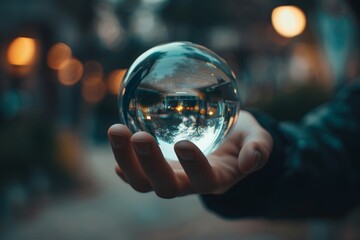 Fototapeta premium Hand holding a crystal ball reflecting a blurred cityscape at dusk, creating a mystical and enchanting atmosphere.