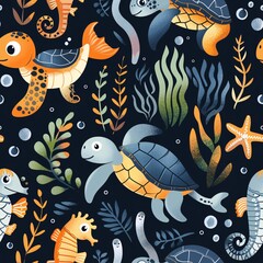 A delightful underwater pattern with adorable turtles, seahorses, and seaweed in a graphic style. The illustration features clean lines and bold shapes, creating a modern and eye-catching design.