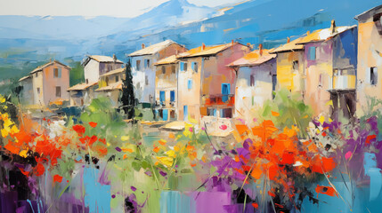 Impressionist art village landscape with flowers