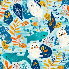 A whimsical underwater pattern with adorable cartoon seals, Nemo fish, leaves, and seaweed in a vibrant color palette. The illustration features bright blues, greens, and oranges, creating a cheerful