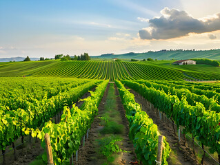 Fototapeta premium A picturesque countryside vineyard with rows of grapevines