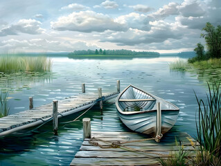 Obraz premium A serene lakeside dock with a rowboat tied up nearby
