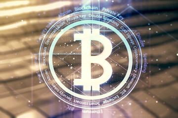 Virtual Bitcoin hologram on blurry abstract metal background. Multiexposure