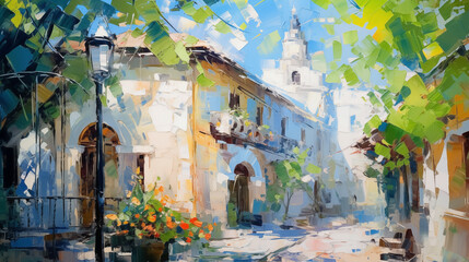 Impressionist art summer street scene