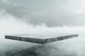 A floating concrete slab hovers over a calm reflective water surface amidst a serene and misty environment, creating a surreal and minimalist scene.