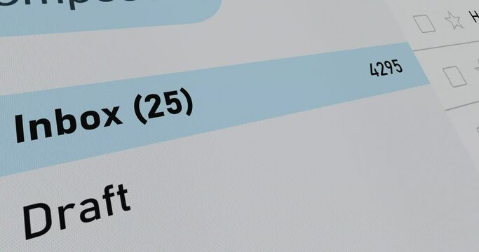 Interface of email account close up, incoming mail folder with increasing number of emails, letter counter, footage