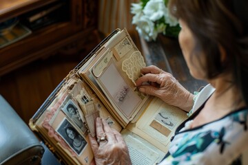 senior woman making scrapbook with old photographs at home craft hobby