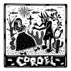 Woman and Devil. Brazilian cordel illustration. Northeast. Woodcut