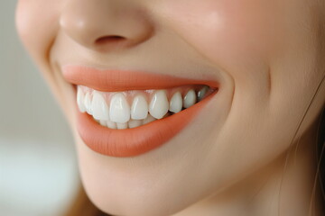 Obraz premium Close-up of a smiling woman with bright white teeth and coral-colored lips, bright and cheerful style, joy and dental health concept, ideal for dental care advertisements or beauty campaigns