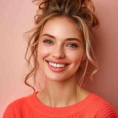 Fototapeta premium Woman with wavy brown hair against a peach background, wearing a red sweater, showcasing a beautiful smile with white teeth, ideal for promoting dental care, beauty, and dentist services