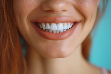 Fototapeta premium Close-up of a smiling woman with bright white teeth and light brown hair, modern portrait photography, happiness and beauty concept, for dental care, beauty and fashion industries, ideal for design