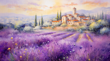 Impressionist art lavender fields with village at sunset