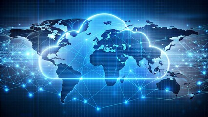 Cloud computing for data storage and transfer for safety, Cloud icon with data icon on the background world map, Futuristic technology global network data connection. Cybersecurity digital background
