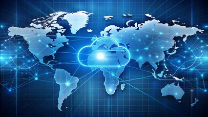 Cloud computing for data storage and transfer for safety, Cloud icon with data icon on the background world map, Futuristic technology global network data connection. Cybersecurity digital background