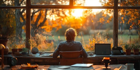 A man works from home with a view of nature outside an open window. The concept of remote work, freelancing