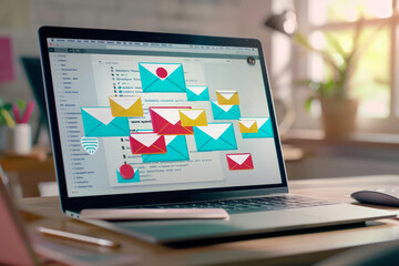 A laptop displays multiple email icons on its screen