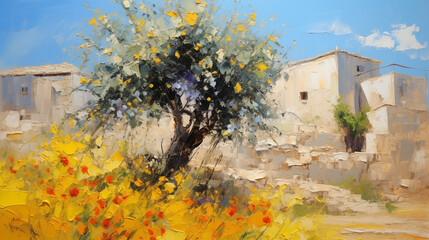 Summer day in a mediterranean village impressionist painting