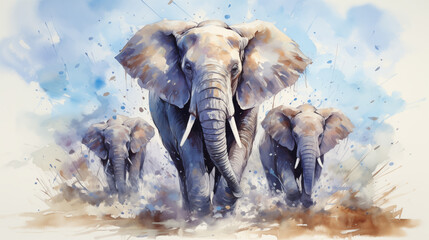 Fototapeta premium Elephants in the savannah, watercolor painting. Watercolor style painting
