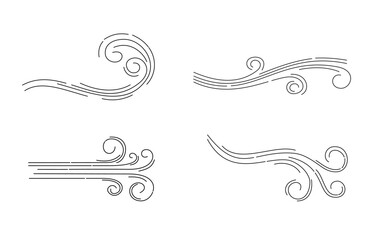 Wind blowing illustration set vector. Airflow doodle icon. Hand drawing breeze motion.