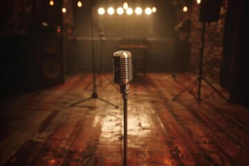 An oldfashioned microphone standing in the center of a dimly lit stage