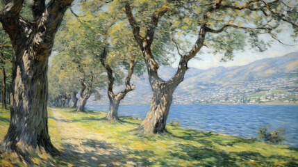Summer landscape with trees and lake impressionist painting