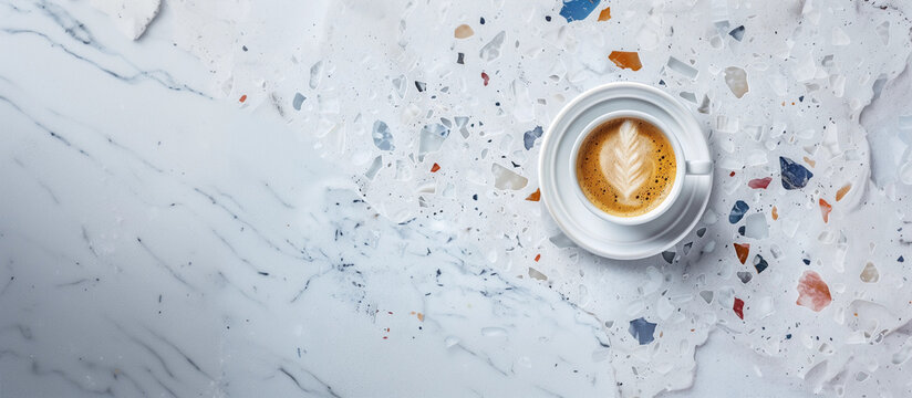 Minimal tea cup saucer espresso cappuccino latte hot drink white terrazzo table kitchen bench coffee cafe shop background modern summer trend barista coastal lifestyle caffeine copy space banner ad