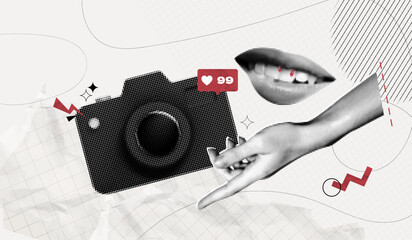 Trendy Halftone Collage Hand points to Camera taking Photos. Social media marketing and promotions. Attracting likes and subscribers. Magazine style. Contemporary vector art illustration