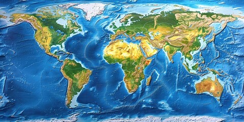 Physical map of the World, with high resolution details and land borders. Flattened satellite view of Planet Earth