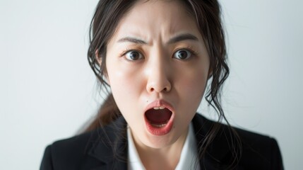 Surprised Japanese Businesswoman with Open Mouth, Expressing Shock and Amazement on a Clean White Background