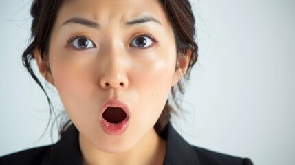 Surprised Japanese Businesswoman with Open Mouth, Expressing Shock and Amazement on a Clean White Background