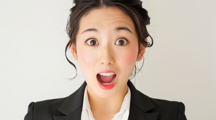 Surprised Japanese Businesswoman with Open Mouth, Expressing Shock and Amazement on a Clean White Background