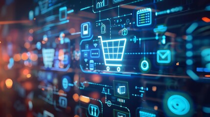 Fototapeta premium Ecommerce and online shopping concept with digital marketing icons, showcasing PPC dashboard and technological advancements