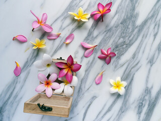 Piece of white marble with colorful flowers in a wooden box