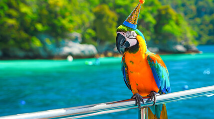 Colorful parrot with party hat on boat