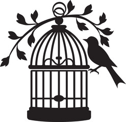 Cheerful Bird in Cage Cartoon Graphic Happy Caged Bird Logo Icon