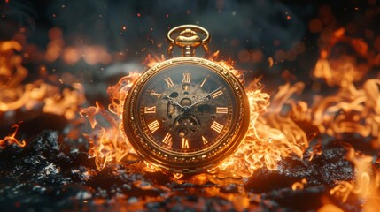 Vintage pocket watch embraced by flames. Dark background