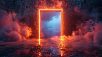 Digital rectangular icon bordered by neon light. Dark background