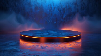 Luxurious circular podium, stage for advertising product demonstrations. Neon lighting.