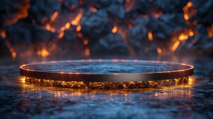 Luxurious circular podium, stage for advertising product demonstrations. Neon lighting.