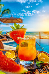 Obraz premium Watermelon lime infused water in mason jar on beach. Refreshing summer drink with mint leaves ice