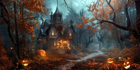 Halloween background with a mystical forest illuminated by moonlight and pumpkins. Getting ready for a Halloween party. Celebrate a fun Halloween in the fall.