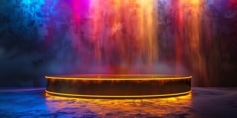 Luxurious circular podium, stage for advertising product demonstrations. Neon lighting.