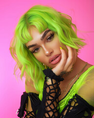 Fototapeta premium Transgender woman bright green hair, posing confidently against soft pink studio background