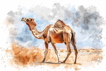 Watercolor Camel in Desert. Hand Drawn Illustration of Arabian Mammal in Sahara