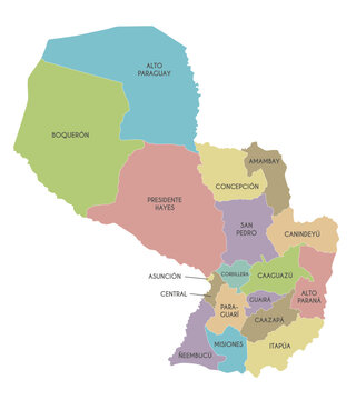 Vector map of Paraguay with departments, capital district and administrative divisions. Editable and clearly labeled layers.