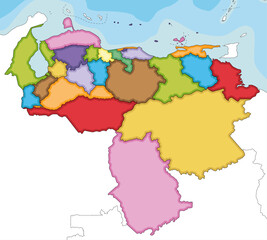 Obraz premium Vector illustrated blank map of Venezuela with states, capital district, federal dependencies and administrative divisions, and neighbouring countries. Editable and clearly labeled layers.