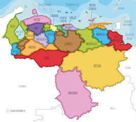 Vector illustrated map of Venezuela with states, capital district, federal dependencies and administrative divisions, and neighbouring countries. Editable and clearly labeled layers.