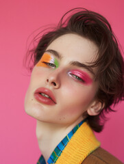 Fototapeta premium Portrait of young person with rainbow makeup, winking playfully at the camera. Concept LGBTQ