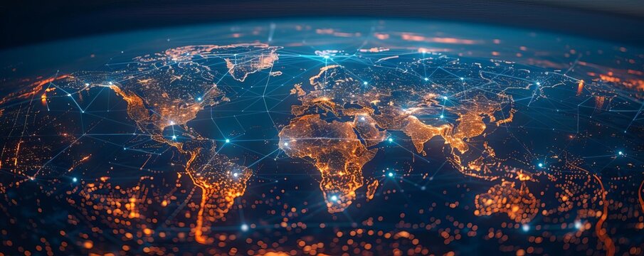 Fototapeta A world map with global network connections on the background of city lights at night