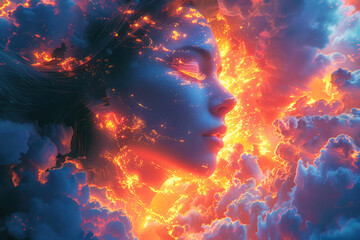 Obraz premium Surreal cosmic woman in fiery clouds